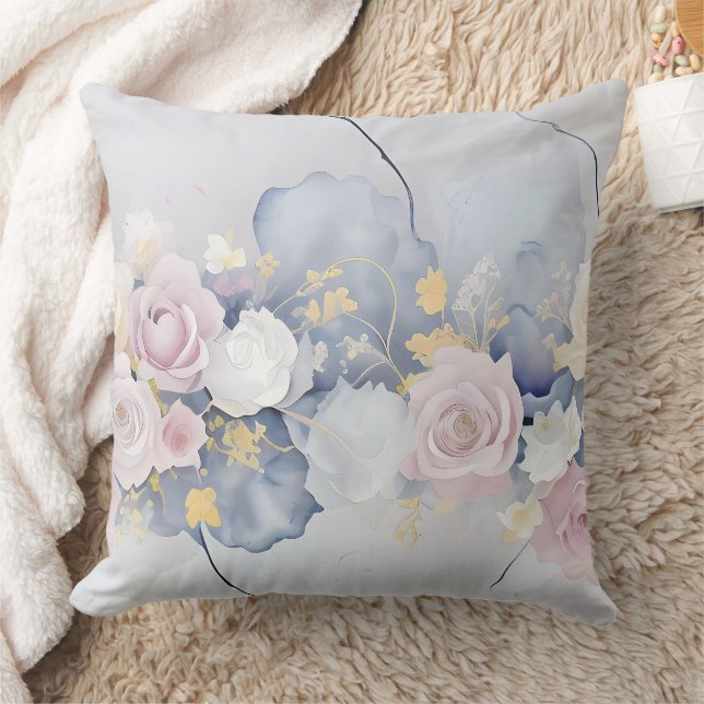 ALMOFADA AZUL PASTEL COM FLORES DE ROSA ROSA & BRANCA (Cobertor)