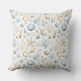 ALMOFADA AZUL PASTEL E BEGE CONCHAS TROPICAIS