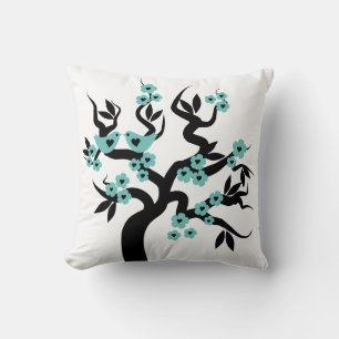 Almofada Azul preto Pássaros do amor sakura cerejeira flor