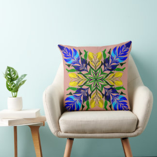 Almofada Azul Real e Floral Dourado MandalaBoho Botânico