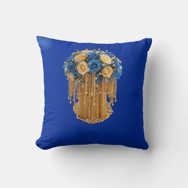 Almofada Azul Real & Floral Dourado — Travesseiro (Frente)