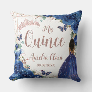Almofada Azul Real Floral Rosa Dourada Quinceanera XV