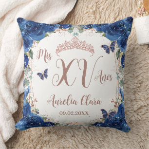 Almofada Azul Real Floral Rosa Dourado Quinceañera XV Anos