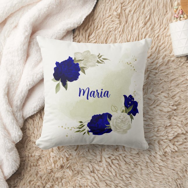Almofada azul real flores brancas folhas verdes (Cobertor)