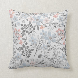 Almofada Azul Rosa Cinza Floral Botânico Flores Folhas