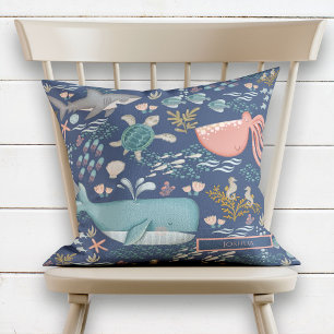 Almofada Azul sob o nome do mar Aquarela Animais do oceano