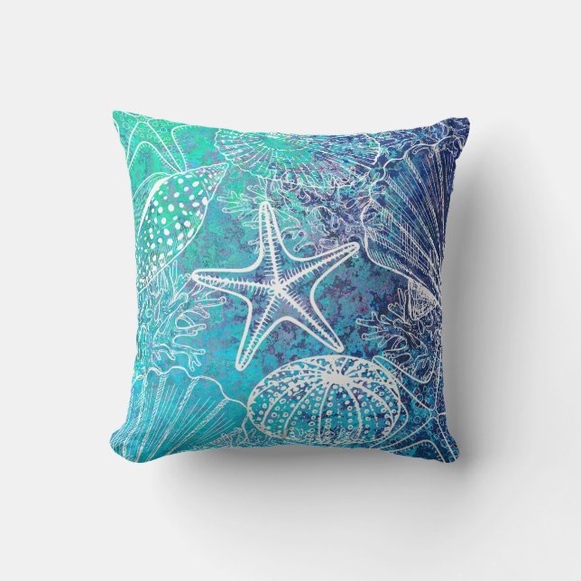 Almofada Azul Teal Aqua Starfish Seasheles Sealife Coral (Frente)