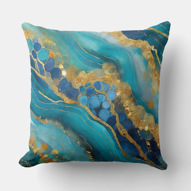 Almofada Azul Teal Dourado Elegante Falso Marmorizado (Frente)