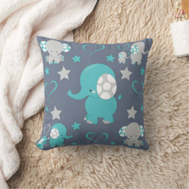 Almofada Azul Teal e Elefantes para Bebê Cinza
