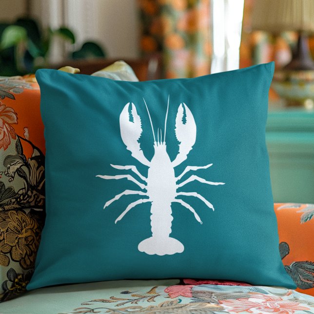 Almofada Azul Teal e Lagosta Branca (Teal Blue and White Lobster Shape Throw Pillow)