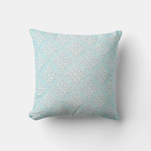 Almofada Azul Teal Pastel e Padrão Damask Branco