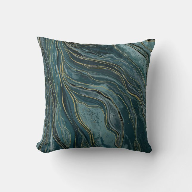 Almofada Azul Teal Verde Abstrato de Ondas de Aquarela Dour (Frente)