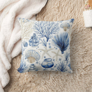 Almofada Azul Toalete Costeira Padrão Coral Conchas (3)