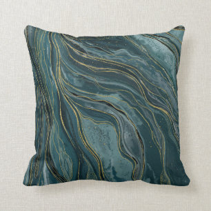 Almofada Azul Turquesa Verde Dourado Ondas Abstratas de Aqu
