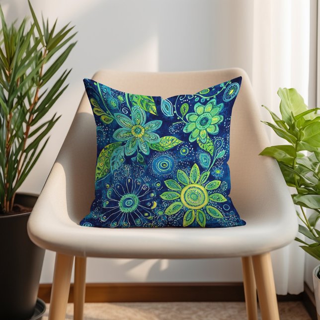 Almofada Azul Turquesa Verde Lima Floral Boêmio (Blue Teal Lime Green Bohemian Floral Throw Pillow)