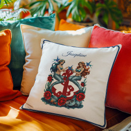 Almofada Azul vermelho floral da Sereia náutica