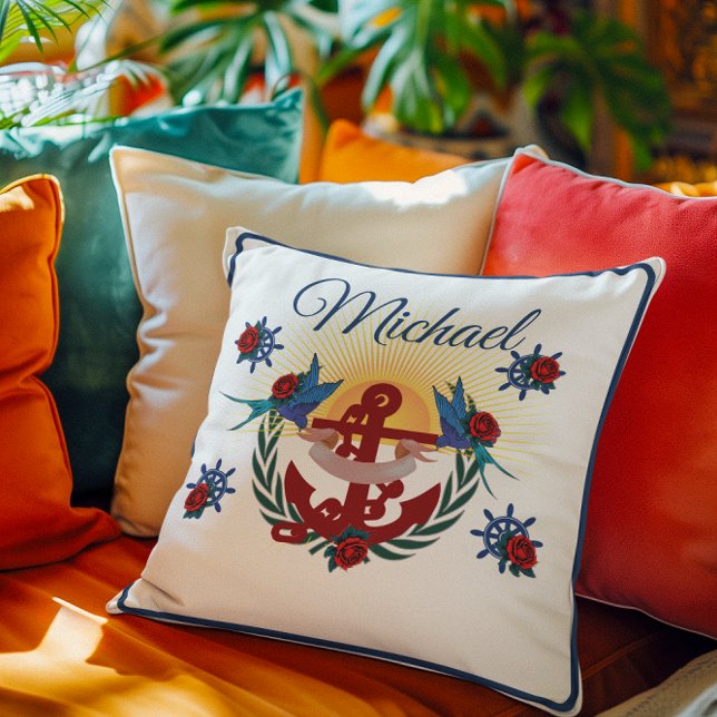 Almofada Azul Vermelho Floral de Âncora Náutica (Criador carregado)
