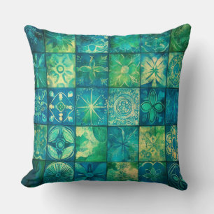 Almofada Azul Vintage Verde Mosaico Geométrico