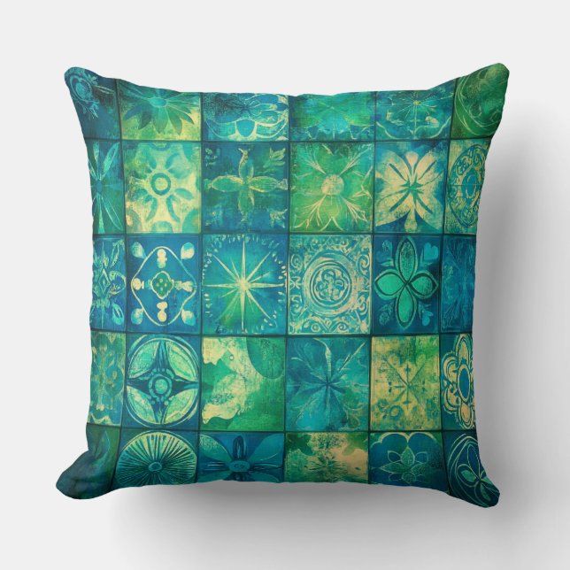 Almofada Azul Vintage Verde Mosaico Geométrico (Frente)