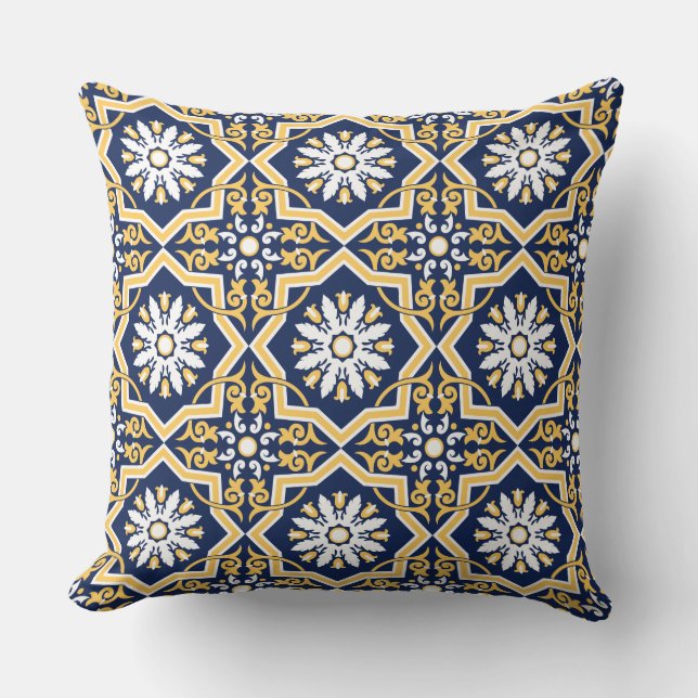 Almofada Azulejo arabesque branco-dourado-azul intricista m (Frente)