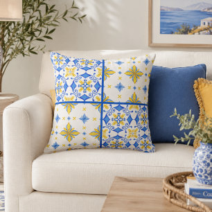 Almofada Azulejo Azul Amarelo Patchwork Mediterrâneo