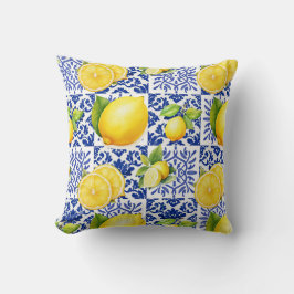 Almofada Azulejo Azul Branco com Padrão de Limão Mediterrân