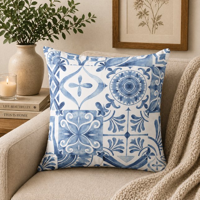 Almofada Azulejo Azul e Branco Inspirado  (Criador carregado)