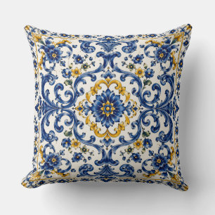 Almofada Azulejo Azul Mediterrâneo   Cerâmica Italiana