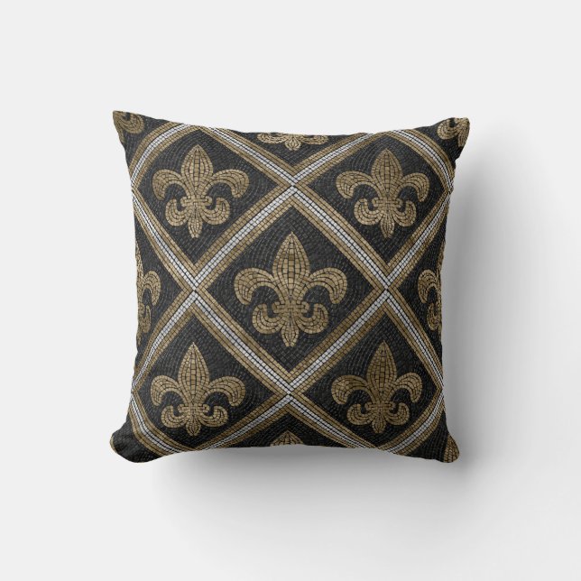 Almofada azulejo de fleur-de-lis, preto e dourado (Frente)