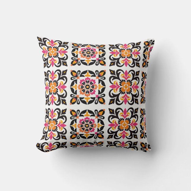 Almofada Azulejo do Folclore Mexicano Cor-de-Rosa e Laranja (Frente)