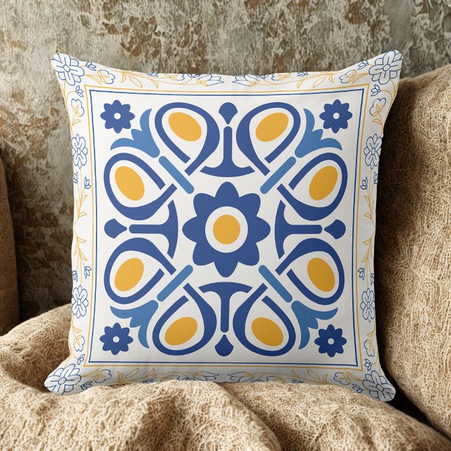 Almofada Azulejo Floral Azul e Dourado do Mediterrâneo clás (Criador carregado)