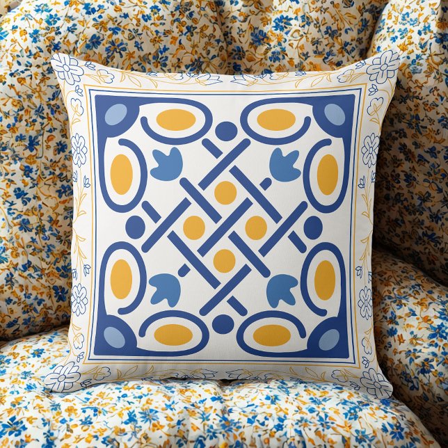 Almofada Azulejo Floral Dourado e Azul do Mediterrâneo Vint (Criador carregado)