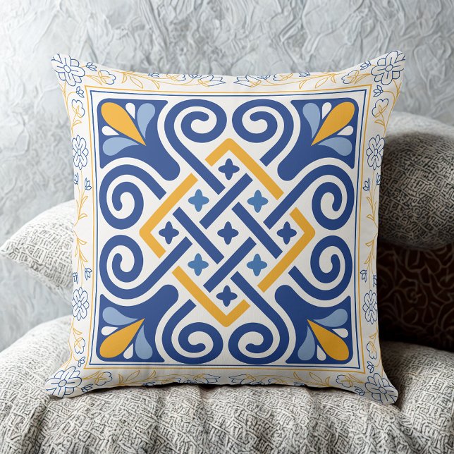 Almofada Azulejo Floral Dourado e Azul do Mediterrâneo Vint (Criador carregado)