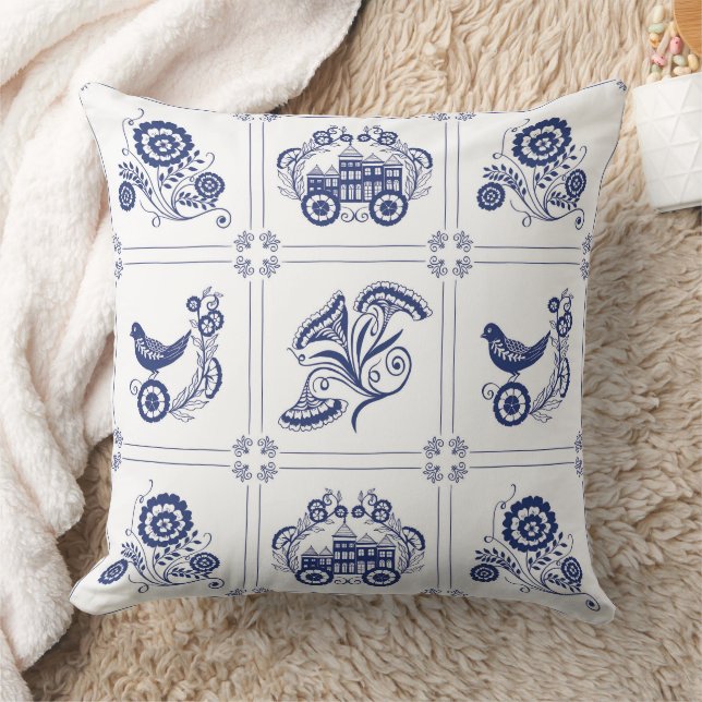 Almofada Azulejo Floral e Pássaro Clássico Holandês Delft A (Cobertor)