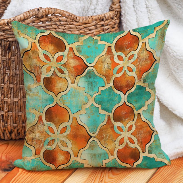 Almofada Azulejo Marroquino Laranja Queimado Turquesa Boho  (Turquoise Burnt Orange Moroccan Tile Boho Throw Pillow)