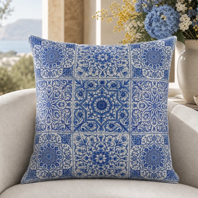 Almofada Azulejo Mediterrâneo Azul Branco Padrão Botânico (Criador carregado)