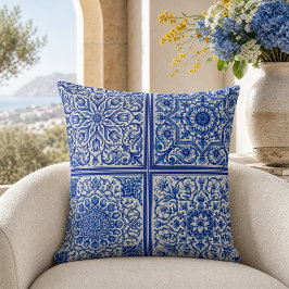Almofada Azulejo Mediterrâneo Azul Branco Padrão Botânico