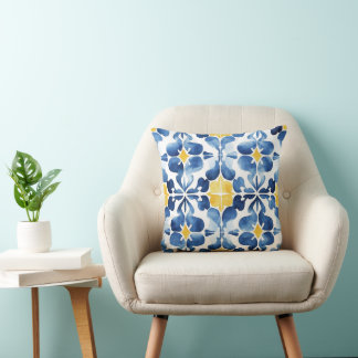 Almofada Azulejo Mediterrâneo Azul e Amarelo – Costeiro Mod