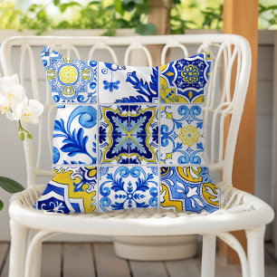 Almofada Azulejo Português - Padrão Azul - Amarelo Branco