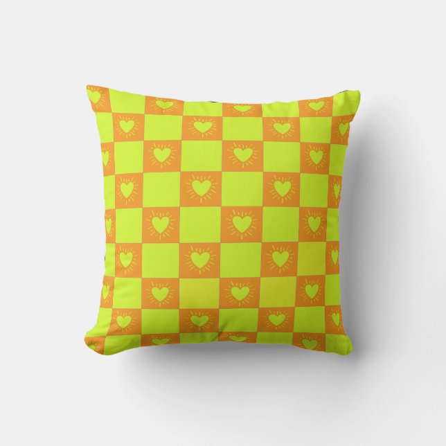 Almofada Azulejo Xadrez Laranja Verde Brilhante Com Coraçõe (Frente)