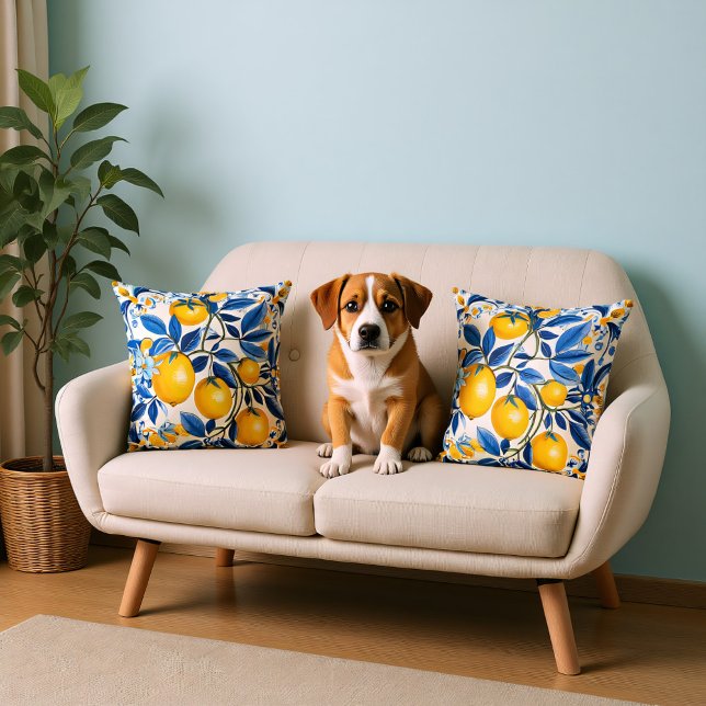 Almofada 💛 Azulejos azuis e amarelos com limões (Blue and yellow Azulejos with lemons Throw Pillow)