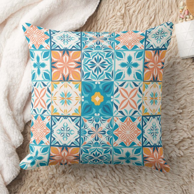 Almofada azulejos ornamentados em azul e laranja (Cobertor)