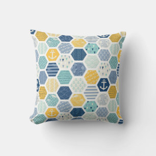 Almofada Azulejos Padrão Náutico Costeiro Amarelo Aqua