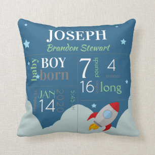Almofada Baby Birth Stats Blue Sky com Red Space Rocket