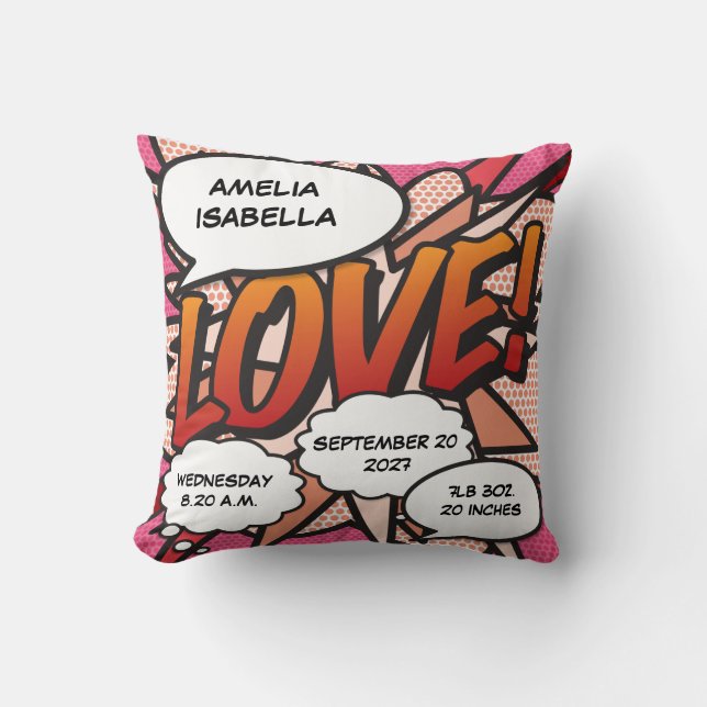 Almofada Baby Birth Stats Comic Book, Pop Art Keepsasak (Frente)