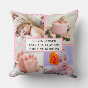 Almofada Baby Birth Stats Quatro Fotografias Collage bolinh