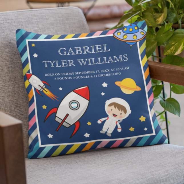 Almofada Baby Boy Astronaut Outter Space Rocket Birt Stats (Criador carregado)