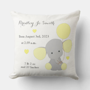Almofada Baby Boy Birth Stats Yellow Cinza Elephant Chevron