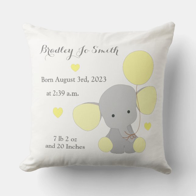 Almofada Baby Boy Birth Stats Yellow Cinza Elephant Chevron (Frente)