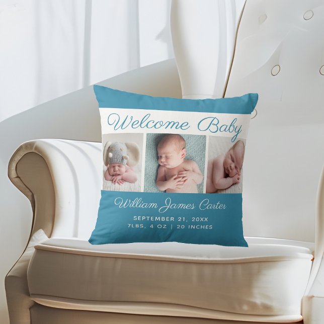 Almofada Baby Boy Blue Photo Collage Cute Newborn Keepsasae (Criador carregado)